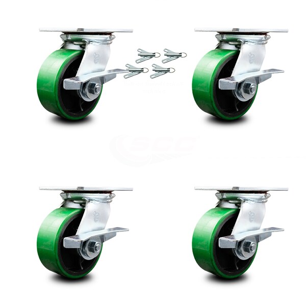 5 Inch Poly on Cast Iron Caster Set with Roller Bearing and Brakes/Swivel Locks